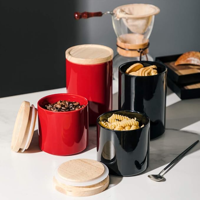 Sweejar Kitchen Canisters Ceramic Food Storage Jar, Stackable Containers with Airtight Seal Wooden Lid for Serving Ground Coffee, Tea, Sugar, Salt and More - 16 Fl Oz (Red)-Ruum Studio Home