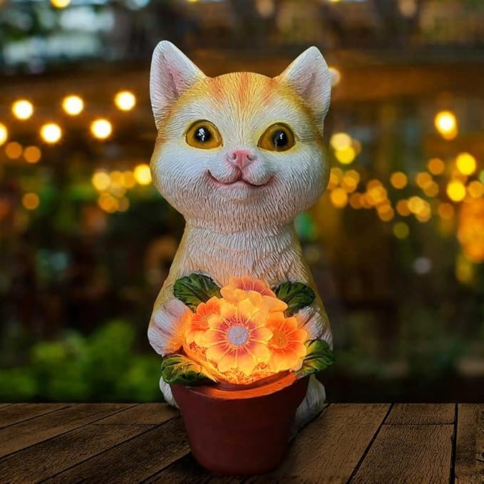 YODY Solar Garden Statues Outdoor Decor- Yard Decorations for Patio, Balcony, Backyard, Lawn Ornaments - Cat Statue with Flower Pot- Unique Cat Lover Gifts for Mom, Grandma, Women-Ruum Studio Home