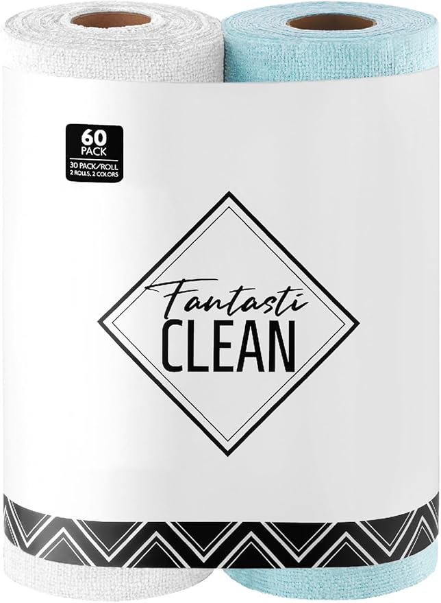 Fantasticlean Microfiber Cleaning Cloth Roll -60 Pack, Tear Away Microfiber Towels, 12" x 12", Reusable, Washable, Scratch Free, Ultra Absorbent Dish Rags for Car, Home, Garage or Shop (White & Blue)-Ruum Studio Home