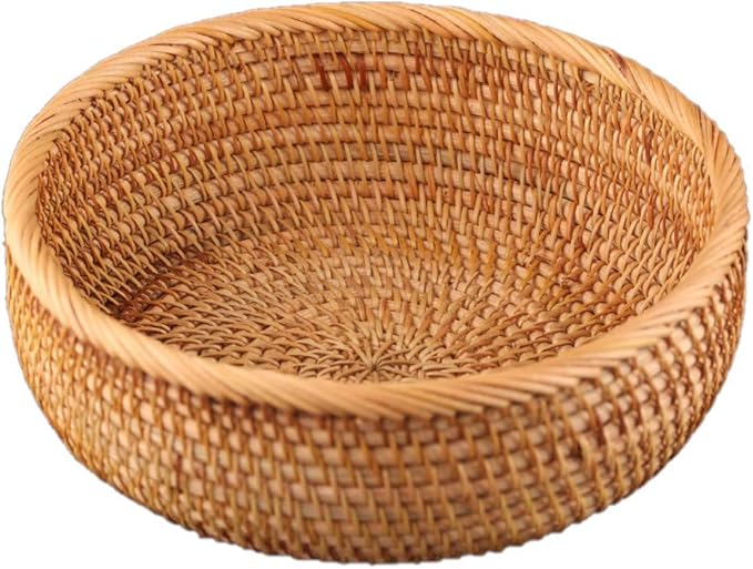 Hadewoven Round Rattan Fruit Basket Wicker Food Tray Weaving Storage Holder Dinning Room Bowl, 9 Inch Woven Bread Basket Key Bowls with 3.5”Wall for Table, Countertop (Medium 8.66")-Ruum Studio Home