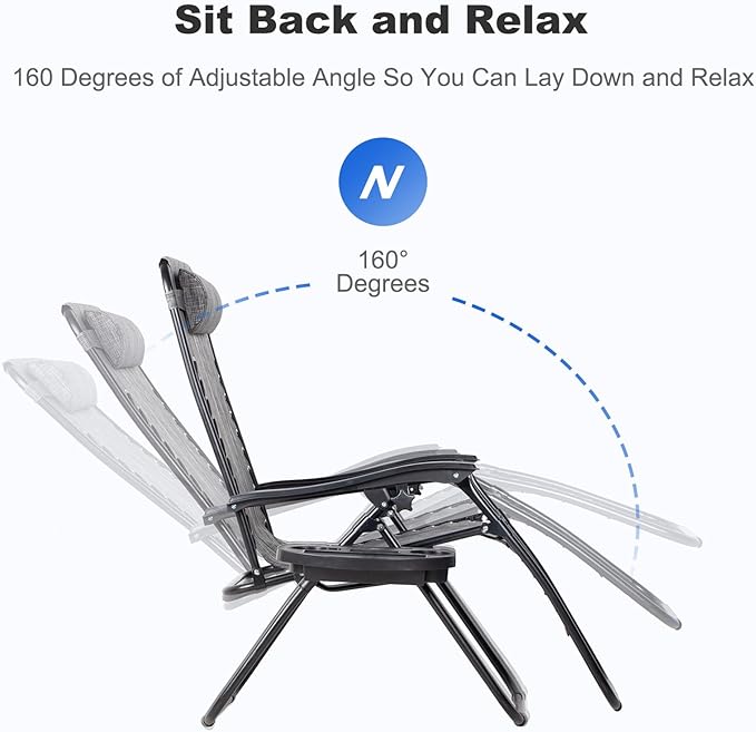 Nazhura Set of 2 Relaxing Recliners Patio Chairs Adjustable Steel Mesh Zero Gravity Lounge Chair Beach Chairs with Pillow and Cup Holder(Grey)-Ruum Studio Home
