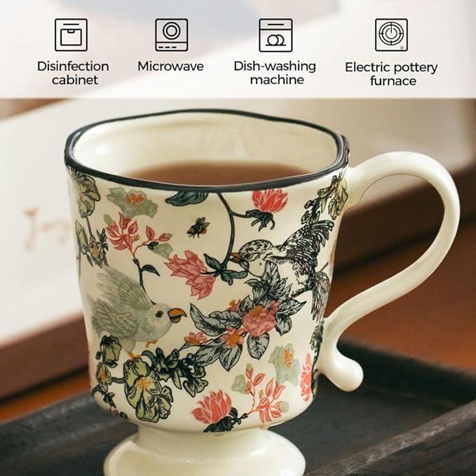 360ml -12.17oz Painted Floral & Bird Ceramic Mug - Cute Coffee Cup for Latte, Espresso - Gift for Women, Dishwasher Safe-Ruum Studio Home