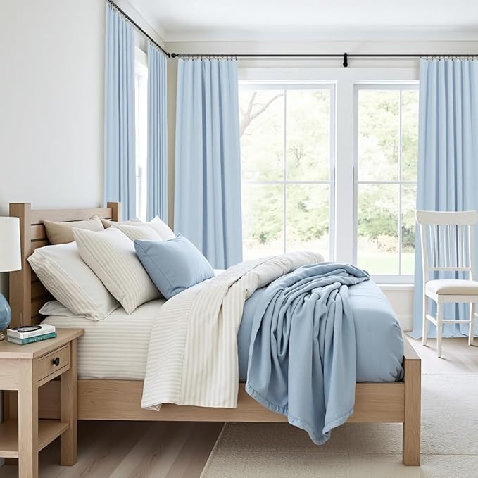 Light Blue Blackout Curtains 90 Inches Long for Bedroom 2 Panel Set Thermal Insulating Room Darkening Draperies for Living Room Black Out Linen Drapes Winter Cold Blocking Grand Millenial 52x90 Length-Ruum Studio Home
