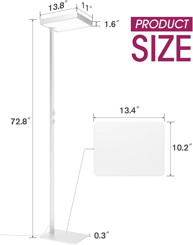 EMITEVER LED Floor Lamp, 60W Full-Spectrum Eye-Care Standing Light, 72.8” Dimmable Reading Lamp for Study Rooms, Living Rooms, Dental Offices and Conference Lighting, 4000K Natural Daylight, White-Ruum Studio Home