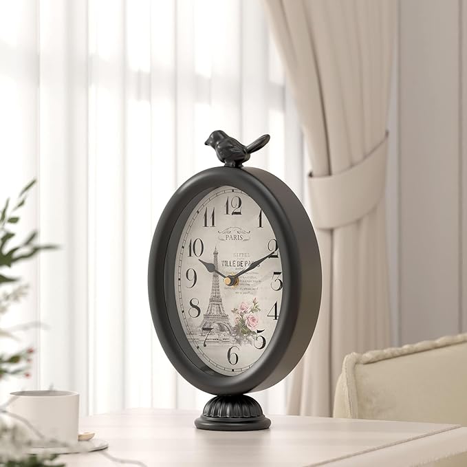 Vintage Table Clock with Bird, Desk and Shelf Decor Clock, French Paris Style, Antique Black Metal Mantel Clocks for Living Room, Farmhouse, Bedroom, Bedside, Gift (10" H x 5.9" W)-Ruum Studio Home
