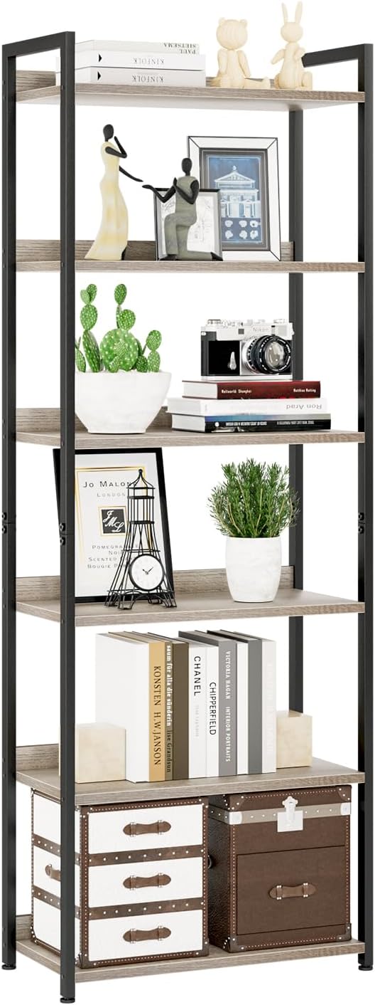 NUMENN Bookshelf, 6 Tier Bookshelves, Home Office Bookcase Shelf Storage Organizer, Free Standing Storage Shelving Unit for Bedroom, Living Room and Home Office, Grey-Ruum Studio Home