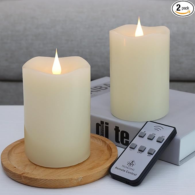 Flameless Candles Battery Operated with Remote Timer, 3D Moving Flame Flickering, Last 600+ Hours Battery Candles, 3" x 5" Ivory Real Wax Electric LED Candle for Wedding Party, Set of 2-Ruum Studio Home