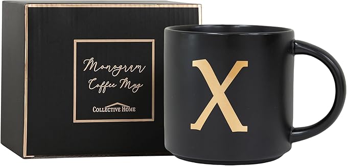 COLLECTIVE HOME - Monogram Ceramic Mugs, 15 oz Golden Initial Black Coffee Cups, Elegant Alphabet Tea Mugs, Elegant Personalized Mug with Gift Box, Unique Mug with Double Side Capital Lette (X)-Ruum Studio Home