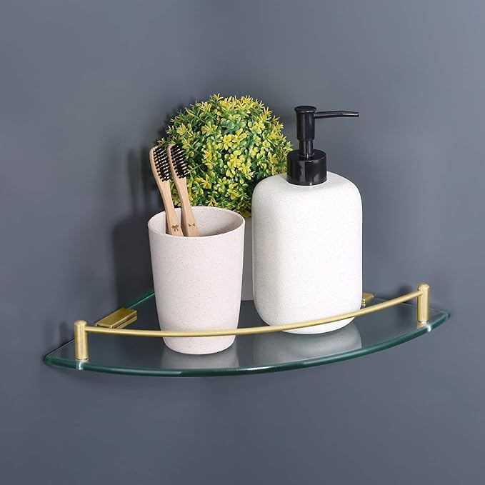 KES Glass Corner Shelf Bathroom Shelf Tempered Glass with Rail SUS 304 Stainless Steel Floating Wall Mount Bracket Brushed Gold, BGS2101A-BZ-Ruum Studio Home