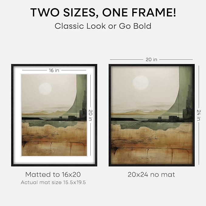 Homeforia Black Wood Frame 20x24, High End Oak 20x24 Wooden Picture Frames with Mat 16x20 Photo, 20 x 24 Poster Frame Matted to 16 by 20 Print, 24x20 Hanging Frames, Tempered Glass, Wall Kit, Set of 1-Ruum Studio Home