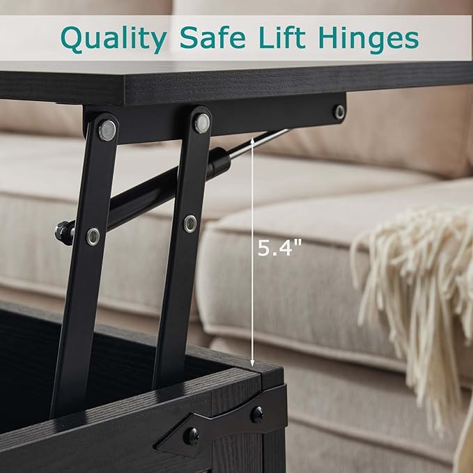 Black Coffee Table with Storage, Cocktail Table with Hinged Lift Top, Farmhouse Square Wood Center Table with Large Hidden Storage Compartment for Living Room, Square Coffee Table, Metal Edges Decor-Ruum Studio Home