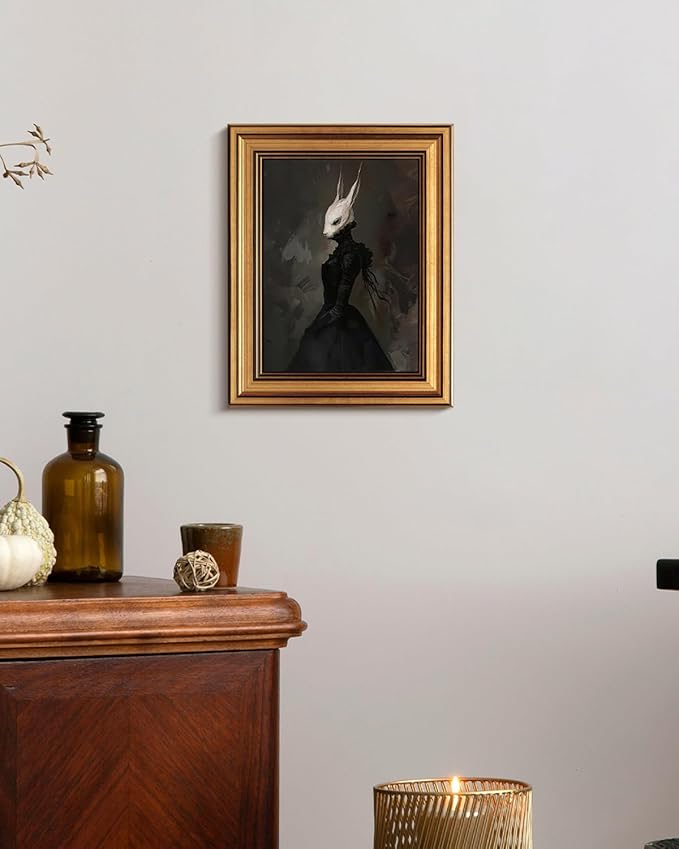 HUARCEY Gold Framed Vintage Wall Art Canvas Prints Gothic Room Decor Vintage Rabbit Lady Wall Decor, Aesthetic Dark Academia Halloween Pictures Oil Painting Goth Decorations 8x10in-Ruum Studio Home
