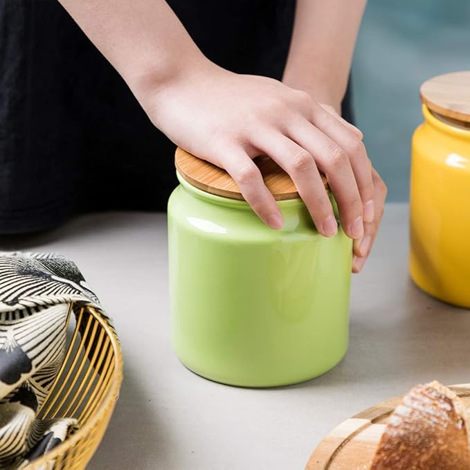 Sweejar Ceramic Kitchen Canisters, 28 FLOZ Porcelain Food Storage Jar with Airtight Seal Wooden Lid, Home Container Serving for Coffee Beans, Tea-leave, Sugar, Salt and More, Tool Bucket (Green)-Ruum Studio Home