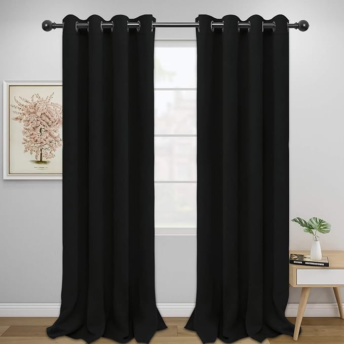Easy-Going Blackout Curtains for Bedroom, Solid Thermal Insulated Grommet and Noise Reduction Window Drapes, Room Darkening Curtains for Living Room, 2 Panels (52x108 in,Black)-Ruum Studio Home