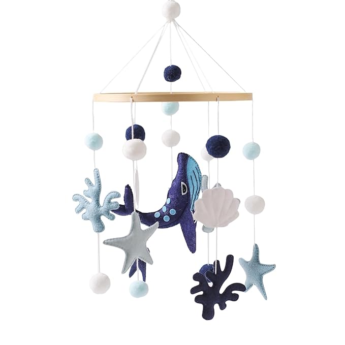 Baby Crib Mobile for Boys Girls - Ocean Animals Mobile for Crib, Gender Neutral Nursery Mobile, Baby Bassinet Mobile Toy for Soothing Sleep | Ceiling Mobile - Blue Whale, Shell, Coral, Starfish-Ruum Studio Home