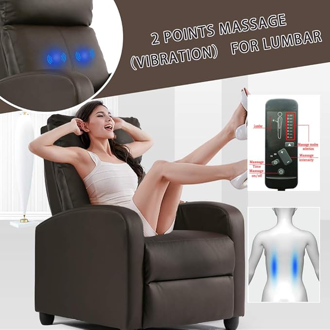 BestMassage | Recliner Chair | with 2 Point Massage Function | Pu Brown | with Lumbar Support, Adjustable Push Back, Footrest & Padded Seat | Easy Assembly | for Living Room, Home Theatre-Ruum Studio Home