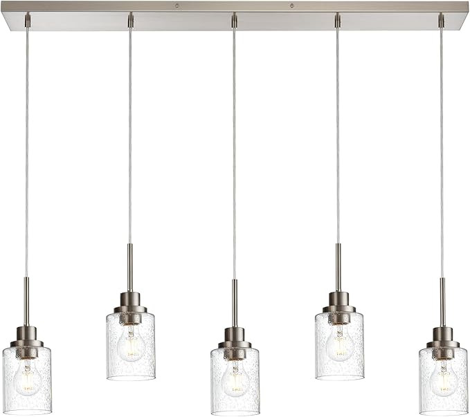 Lighting Contemporary Brushed Nickel Linear Chandelier Pendant Light 5 Lights Clear Seeded Glass Farmhouse Pendant Lighting Modern Dining Room Light Fixture for Living Room Kitchen Island-Ruum Studio Home