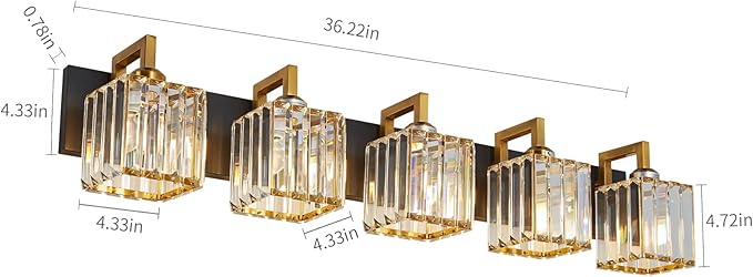 Modern Bathroom Vanity Light 5-Lights Black Gold Crystal Wall Lamp Bathroom Modern Crystal Vanity Lighting-Ruum Studio Home