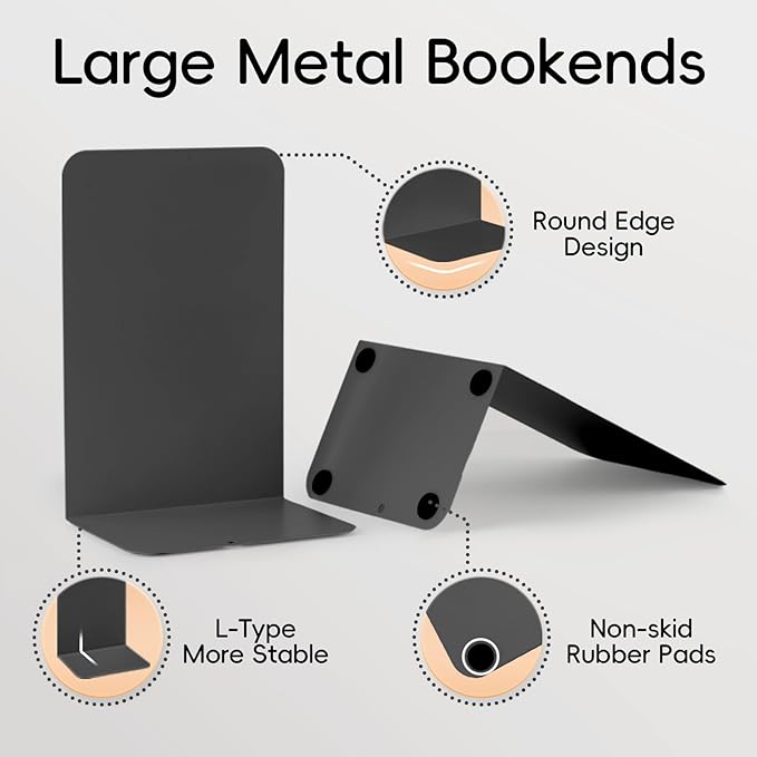 M&G Book Ends 1 Pair, Black Large Metal Bookends for Shelves, L-Type Book Stopper for Heavy Books, Non-Skid Bookstand for Office Home School Supplies-Ruum Studio Home