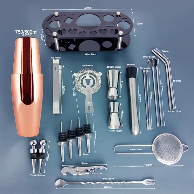 22-Piece Cocktail Shaker Set, 25/20oz Bartender Kit, Bartending Stainless Steel Bar Tools Sets for Drink Mixing, Boston Cocktail Shakers with Stand Recipes Booklet (Rose Gold-25-20oz)-Ruum Studio Home