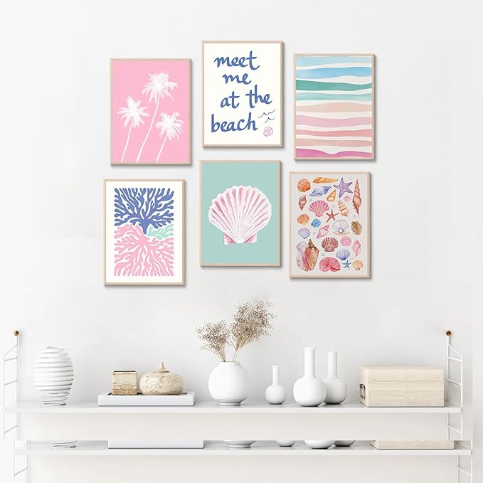 6 Pcs Coastal Beachy Wall Art Tropical Summer Shell Ocean Paintings Prints Posters Trendy Pink Preppy Palm Tree Canvas Wall Decor Aesthetic for Bedroom Living Room Dorm Apartment 8x10inch Unframed-Ruum Studio Home