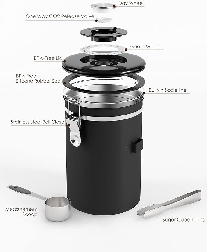 HAIOOU Airtight Coffee Canister, 22OZ Large Stainless Steel Coffee Bean Storage Container with Date Tracker, Measuring Scoop, 6Pcs CO2 Valves and Mini Tongs for Beans, Grounds, Sugar and more - Black-Ruum Studio Home