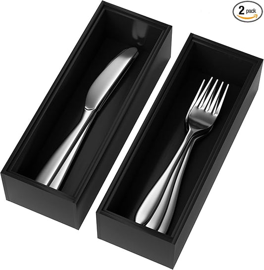 Premium Bamboo Kitchen Drawer Organizer - Set of 2, Stackable Utensils Holder, Storage Box Tray for Kitchen Drawers, Cabinet, Utensil, Silverware, Spatula, Flatware or Makeup, Vanity, Bathroom(Black)-Ruum Studio Home