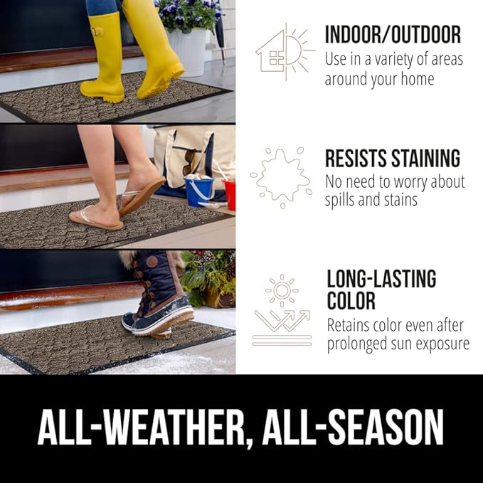GORILLA GRIP 100% Waterproof All-Season WeatherMax Doormat, 72x24, US Designed Natural Rubber, Stain and Fade Resistant, Low Profile Indoor Outdoor Door Mats, Easy Clean Patio Mat, Latte Quatrefoil-Ruum Studio Home
