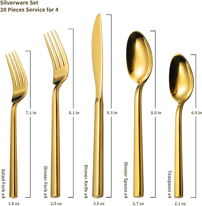 Alata Cube Gold 20-Piece Flatware Set, Forged Cutlery Set, Mirror Finish Silverware Service for 4, Stainless Steel Tableware with Square Handle for Home/Restaurant, Dishwasher Safe-Ruum Studio Home