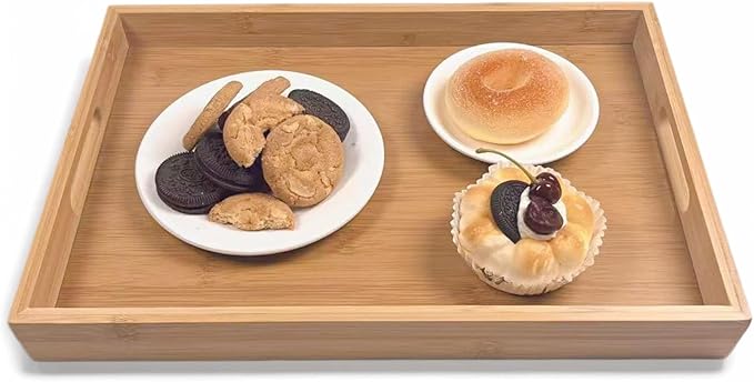Large Bamboo Wooden Tray with Handles, Rectangular Natural Solid Wood Dinner Tray, Bamboo Wood Original Color. Suitable for Kitchen,Bedroom, Coffee, Party bar. (14.9x10.2 inches)-Ruum Studio Home