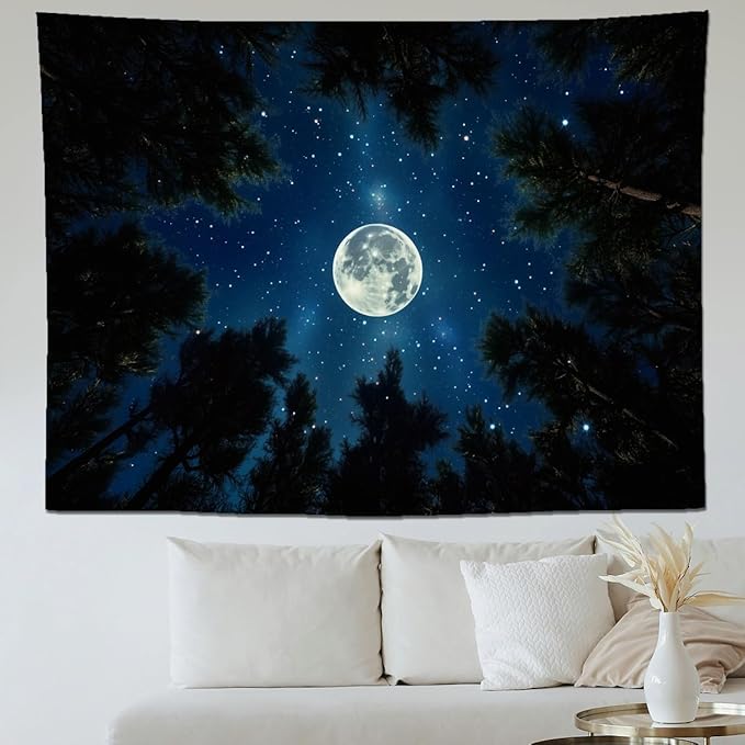keowhsf Forest Galaxy Tapestry for Bedroom Ceiling - Starry Night Sky with Moon and Trees, Blue Aesthetic Wall Hanging, Milky Way Landscape Backdrop for Living Room and Dorm Decor-Ruum Studio Home