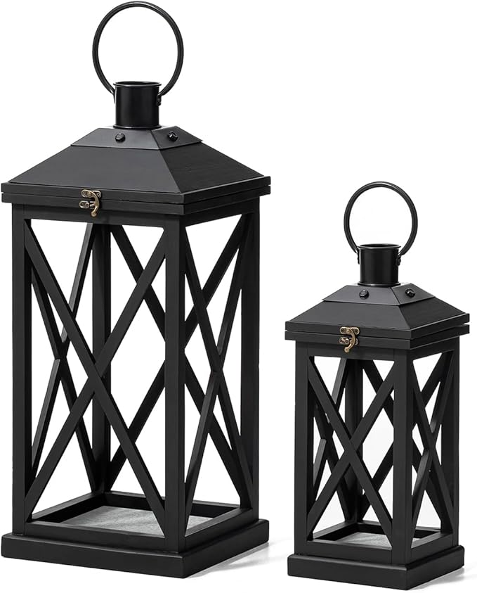 Glitzhome Modern Farmhouse Wooden Lantern Hanging Decorative Candle Lantern for Outdoor & Indoor Black Set of 2 (No Glass)-Ruum Studio Home