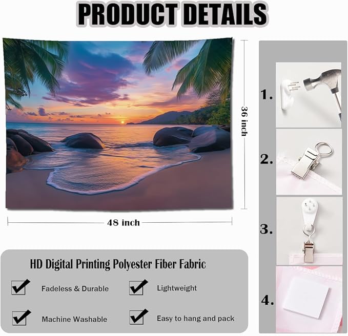 keowhsf Beach Sunset Ocean Tapestry – Tropical Palm Trees Wall Decor with Warm Orange Sky, Summer Seaside Landscape Wall Hanging for Bedroom Living Room Dorm-Ruum Studio Home