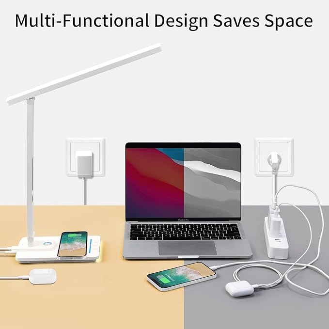 LED Desk Lamp with Wireless Charger: Desk Lamps for Home Office Bedroom, 5 Color Modes & Brightness Dimmable, 2 Night Light-Ruum Studio Home