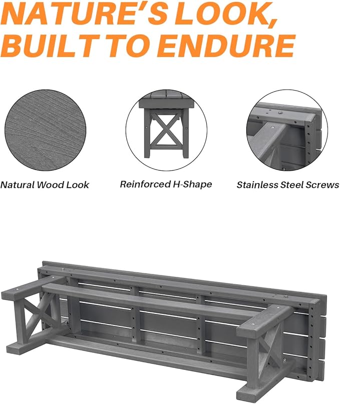 HDPE Outdoor Bench, 55" Patio Bench Outdoor Furniture, Poly Lumber Adirondack Benches, Fade-Resistant HDPE Garden Backless Benches for Park, Poolside, Porch, Smoke Gray-Ruum Studio Home