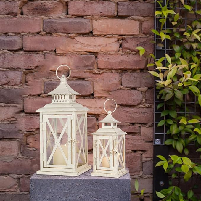 Lanterns Decorative Outdoor&Indoor, Set of 2 (14"&10") Beige Metal Lantern Decor with Glass, Candle Holder for Porch, Patio, Garden, Balcony, Wedding, Table Centerpiece-Ruum Studio Home