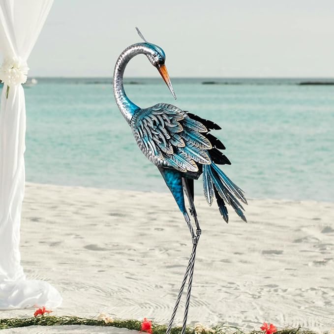 37 Inch Blue Heron Crane Statue, Metal Yard Art Outdoor Decoy, Garden Sculpture for Lawn/Pond Decoration, 1Pc, ORTBL-CR24053A-18-Ruum Studio Home