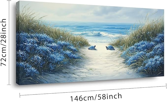 LASMOND Romantic Beach Wall Art for Living Room Blue Sea Turtle Lovers Canvas Painting Prints Ocean Sandy Romance Flowers Large Bedroom Office Decor Artwork (58x28 Inches)-Ruum Studio Home