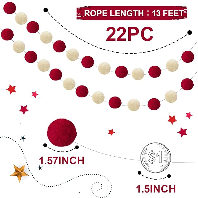 TBD Decor 2pk Red Pom Pom Garland 13FT Large Felt Ball Garland Christmas Decoration for Mantle,Indoor Holiday Wedding Birthday Party Supplies (Red&White,4cm)-Ruum Studio Home