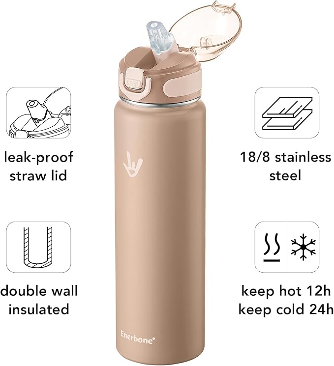 Enerbone 32 oz Insulated Water Bottle, Stainless Steel Bottle with Carrying Strap, Double-Wall Vacuum Insulation Design, Leakproof Sports Bottle with Straw, Keep Drinks Cold or Hot for Hours-Ruum Studio Home
