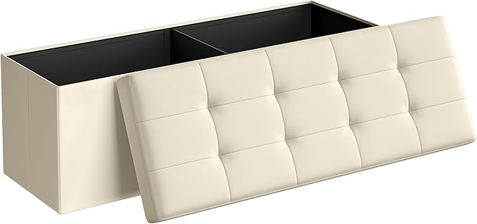 SONGMICS MAZIE Collection - 43 Inches Folding Storage Ottoman Bench, Ottoman Foot Rest, End of Bed Bench, Storage Chest, Load 660 lb, for Living Room, Bedroom, Entryway, Cream White ULSF77BE-Ruum Studio Home