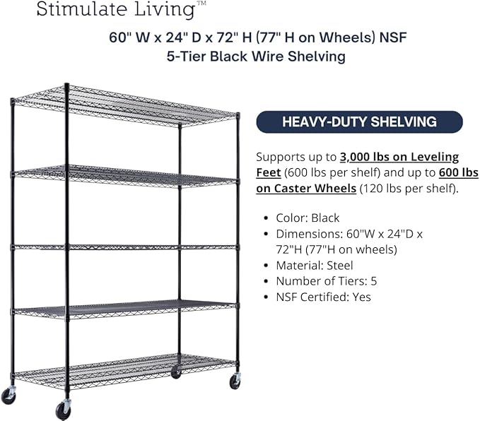 60"x24"x72" PRIME HEAVY DUTY Black 5-Tier Wire Shelving NSF 3000 LBS MAX Capacity Storage Rack for Commercial, School, Home, Garage, Warehouse, Industrial, and Hospital Uses (with Wheels)-Ruum Studio Home