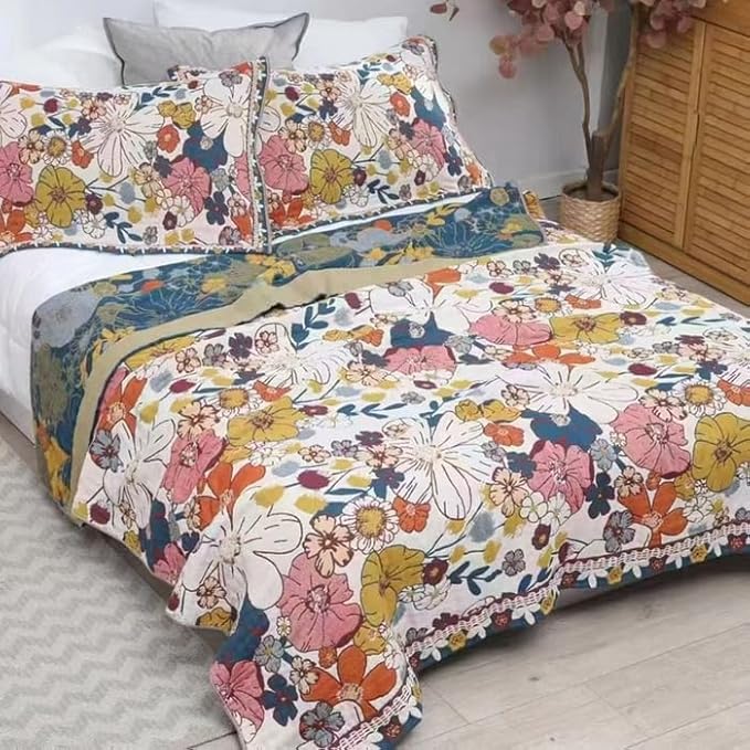 Boho Muslin Blanket for Adults 4-Layer Gauze Twin Size Soft Cozy 100% Cotton Summer Cooling Blanket Floral Decor for Sofa Bed Coverlet Both Sides (Colorful Floral, 80 x 90 in)-Ruum Studio Home