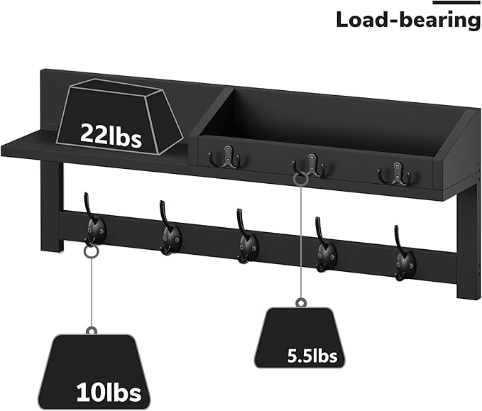 AMBIRD Wall Hooks with Shelf 26.57inch Entryway Wall Hanging Shelf Wood Coat Hooks for Wall Coat Rack Wall Mount Rack with 5 Dual Hooks 3 Key Hooks Mail Organizer and Key Rack Key Holder (Black)-Ruum Studio Home