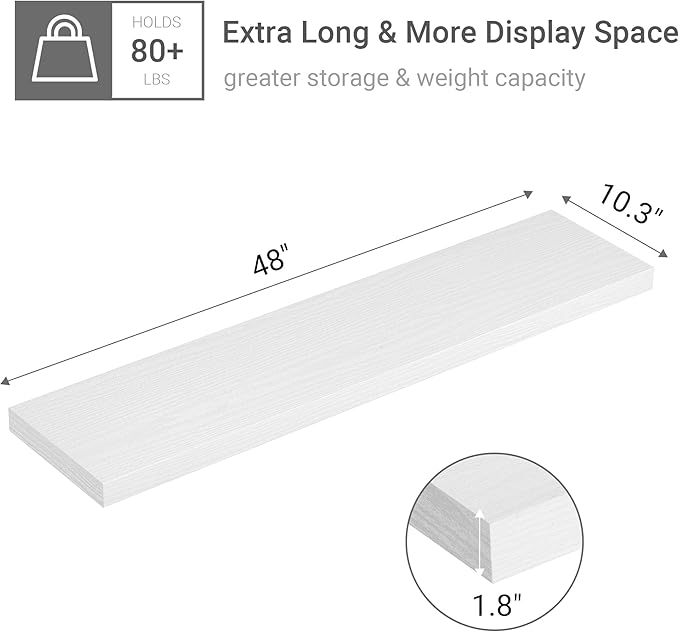 Single Floating Shelves 48 Inches, 48 x 10 inch Deep x 1.8 in Thick, Long Wall Shelves Heavy Duty 80 lbs for Bedroom, Living Room, Kitchen, Office, Modern Shelf Book Home Decor, White-Ruum Studio Home