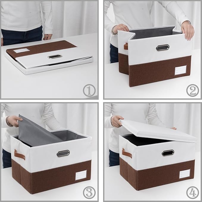 PRANDOM Foldable Storage Bins with Lids [3-Pack] Fabric Collapsible Storage Boxes Baskets Cubes Containers with Handles for Closet Living Room Bedroom (Brown & White 17.7x11.8x11.8'')-Ruum Studio Home