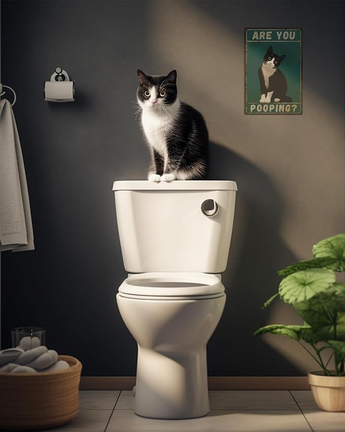 ALKB Tuxedo Cat Decor Are You Pooping Funny Metal Signs 8 x 12 Inch Black Cat Gift for Vintage Bathroom Decor-Ruum Studio Home