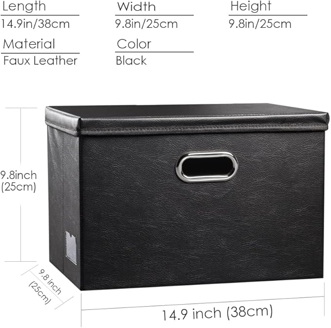 PRANDOM Collapsible Storage Bins with Lids [3-Pack] Leather Fabric Foldable Storage Boxes Organizer Containers Baskets Cube with Cover for Bedroom Closet Office Nursery Black (14.9x10.8x10)-Ruum Studio Home