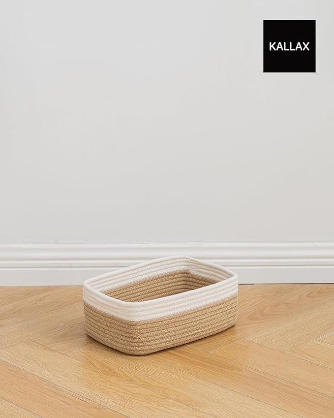 KALLAX Small Woven Basket, 12 x 8 x 4.5 Inches, Storage Basket for Organizing, Cute Small Rope Shelf Closet Cube Storage Bins Baskets for Shelves, Dog Toy Gift Baskets Empty, 3 Pack White & Brown-Ruum Studio Home