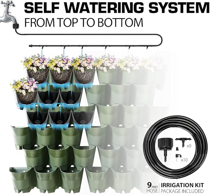 Worth Garden 36 Pockets Self Watering Vertical Planters Indoor Outdoor Living Wall Mounted - 9' Automatic Dripping Irrigation System Hose Kit Stackable Plastic Pot Herb Plants Home Balcony Decoration-Ruum Studio Home